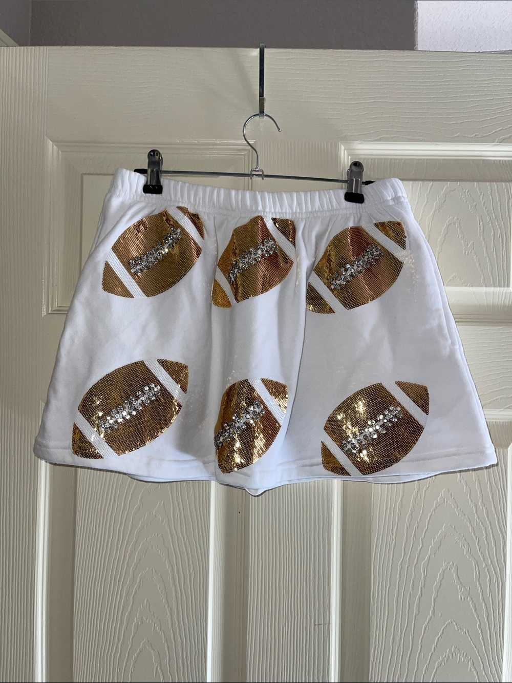 QUEEN OF SPARKLES White Mini Skirt with Gold Sequin Footballs